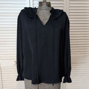 Pleione Navy Ruffled Blouse